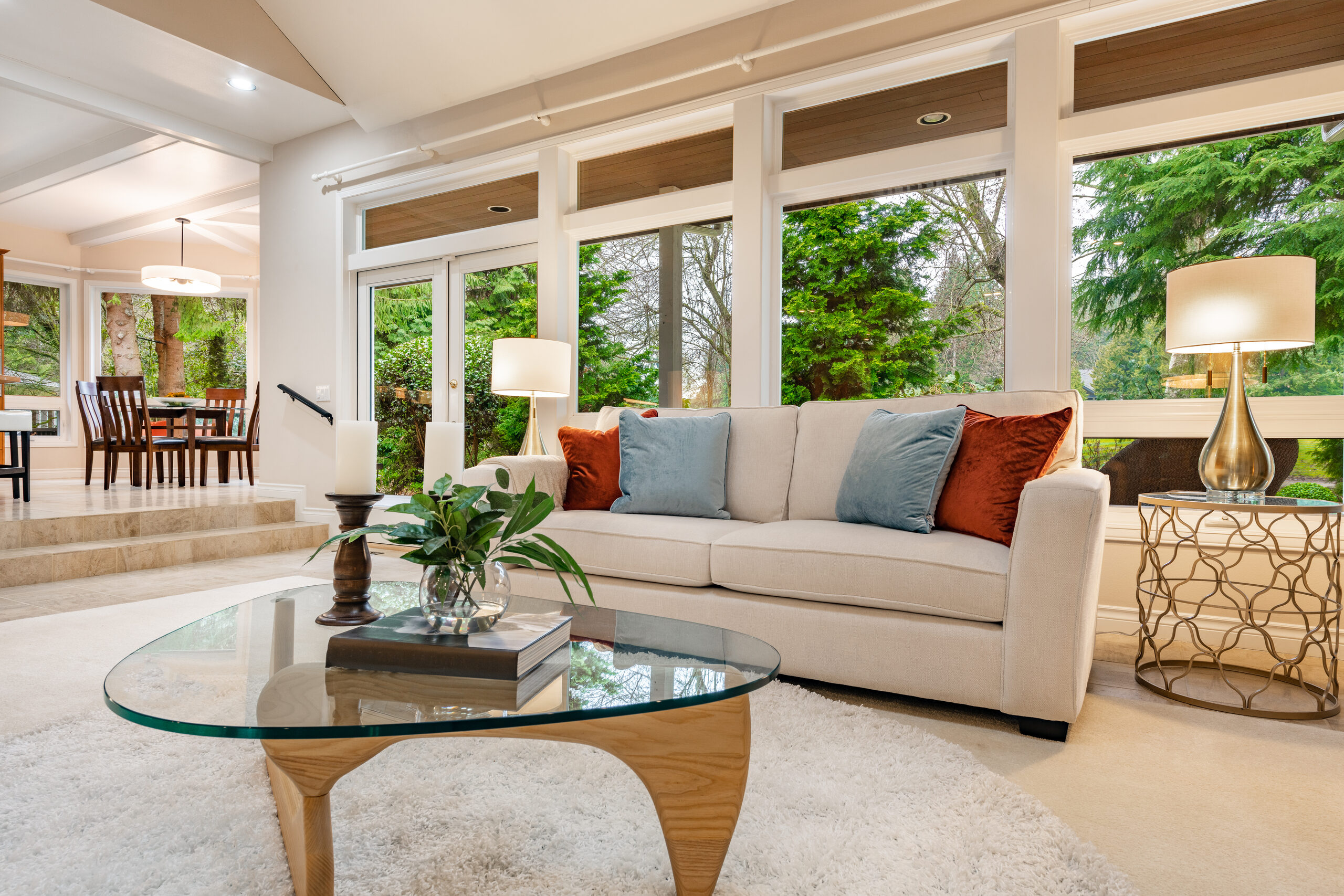 Bright living room with garden windows